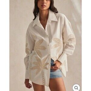 Hemant and Nandita Ari Button Up Shirt Off White Palm Embroidered Long Sleeve XS